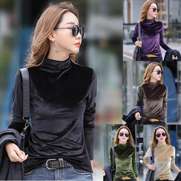 金丝绒半高领打底衫女洋气内搭修身上衣2024秋冬时尚长袖保暖t恤