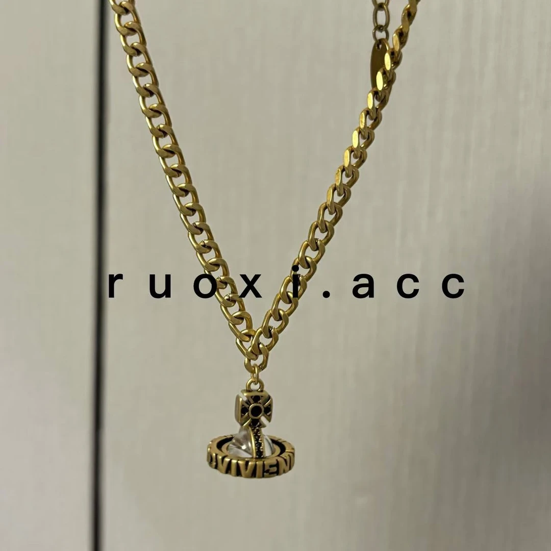 铜合金项链 复古做旧古金色英文透明立体土星吊坠项链【1021】926