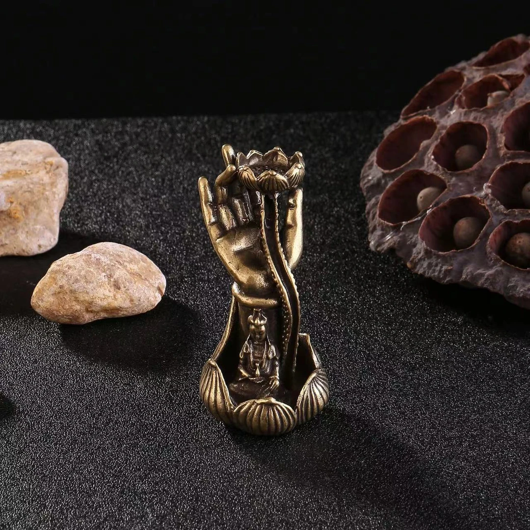 仿古玩黄铜荷叶莲花倒流香摆件桌面佛手荷花观音佛手香炉架香托