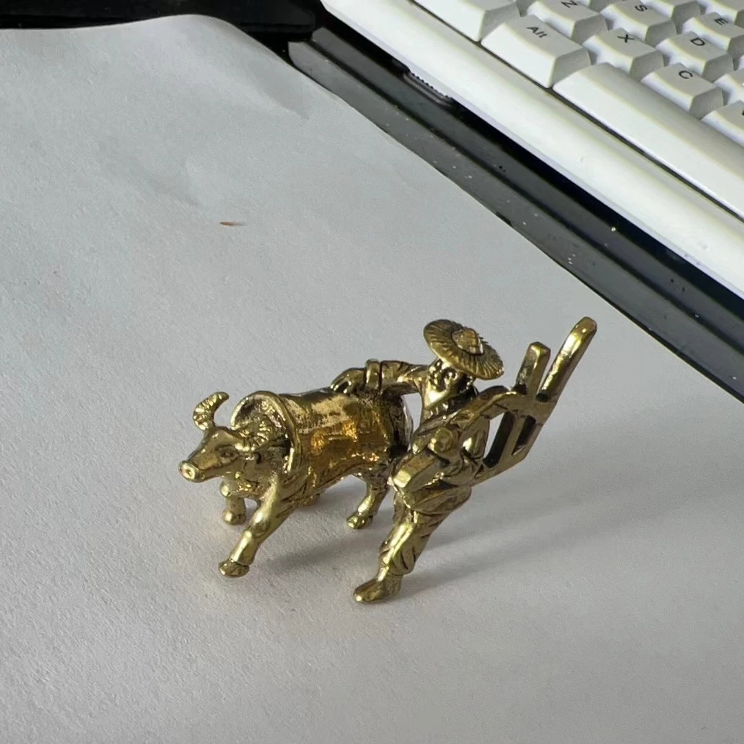 纯黄铜做旧牛耕田摆件创意家居办公桌面童子摆件工艺品地摊