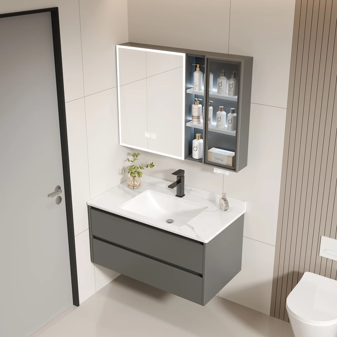 高级灰蜂窝铝合金浴室柜组合陶瓷一体盆洗漱台卫生间洗脸洗手盆柜