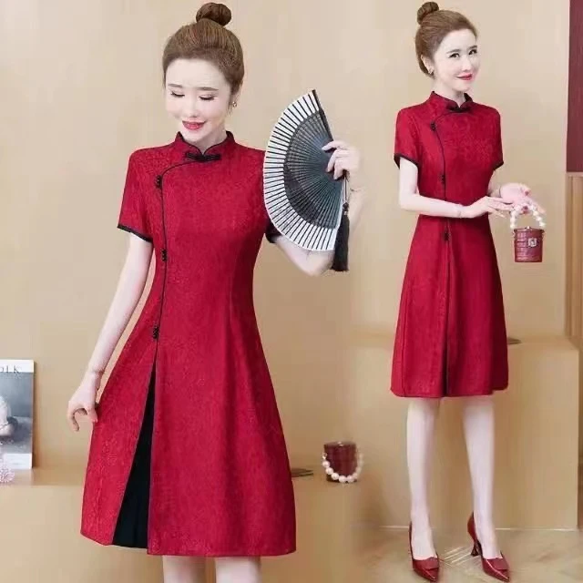 中国风新中式改良旗袍2025妈妈装夏大码红色显瘦气质连衣裙日常