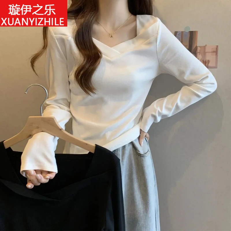 大码女装法式露锁骨v领长袖t恤打底衫女胖妹妹mm显瘦百搭正肩上衣