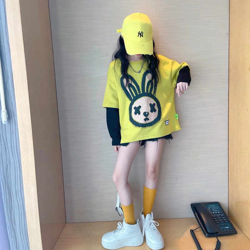 女童春装打底衫2024新款洋气中大童春季时髦网红假两件长袖T恤潮