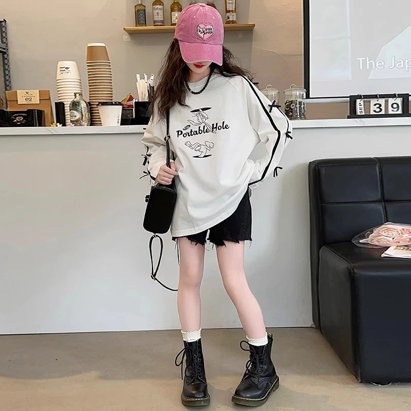 女童长袖T恤2024新款初秋洋气韩范宽松打底衫女大童秋季蝴蝶结t恤