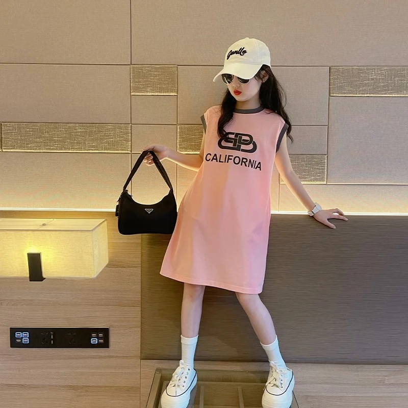 女童夏季T恤裙2025新款儿童网红背心裙女大童洋气夏装童装连衣裙t