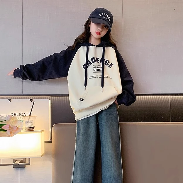 女童连帽卫衣春秋款2025新款儿童炸街童装女大童秋冬洋气加绒衣服