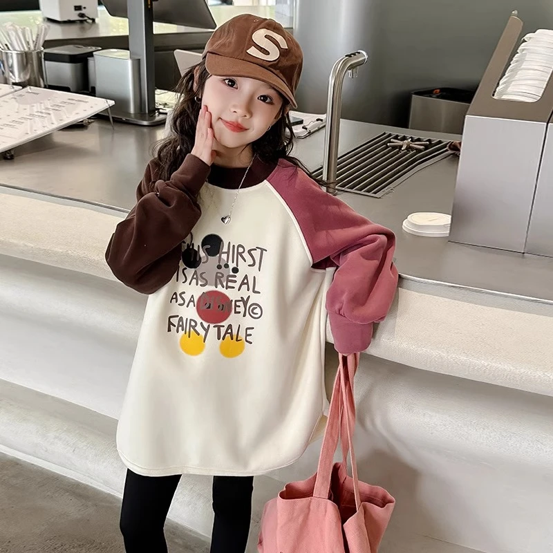 女童长袖打底衫2025新款儿童洋气宽松女大童加绒中长款春秋款上衣