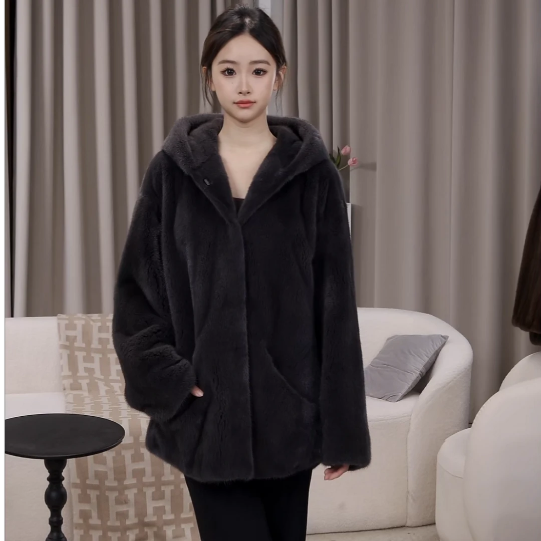 【LeLe乐乐】新款水貂戴帽口袋洋气女整貂年轻时尚皮草