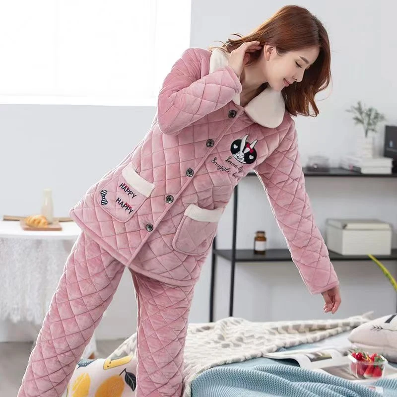 珊瑚绒三层夹棉袄睡衣女冬季加厚加绒超保暖冬天中长款家居服套装