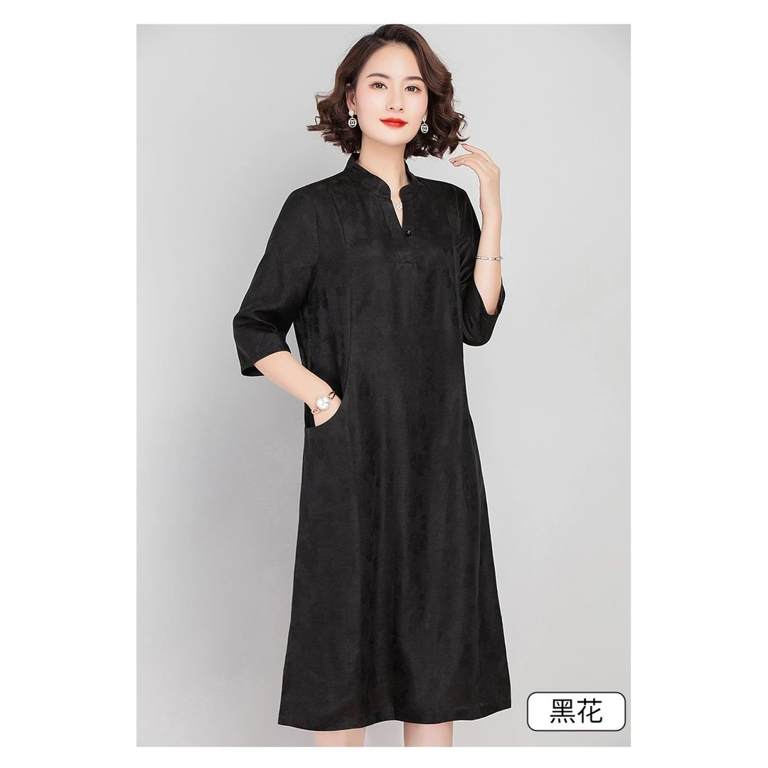 【352】彩龟40姆米老料龟裂香云纱连衣裙桑蚕丝中国风立领优雅女