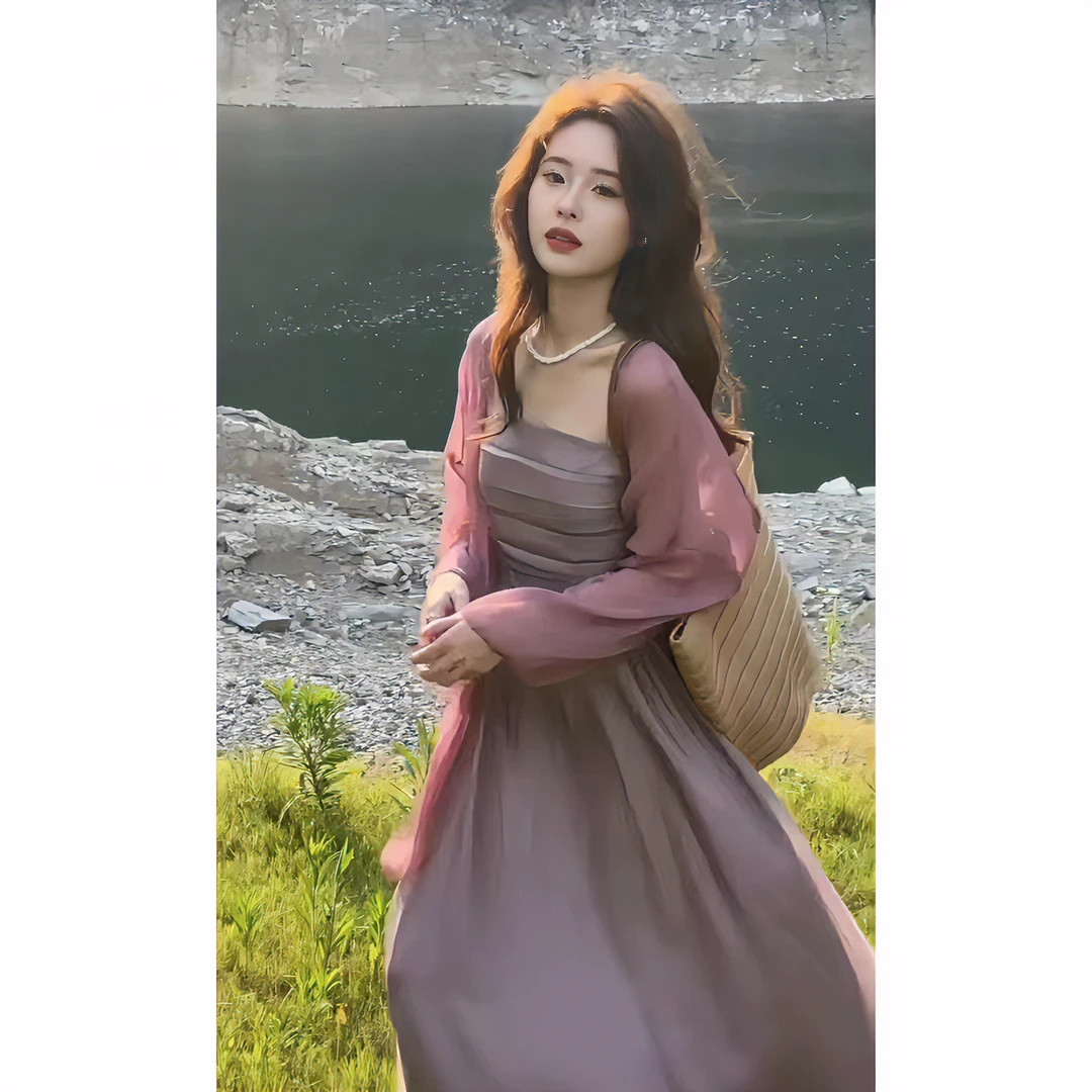 紫霞仙子温柔女主吊带连衣裙长裙新款显瘦淑女气质紫萱百搭夏季