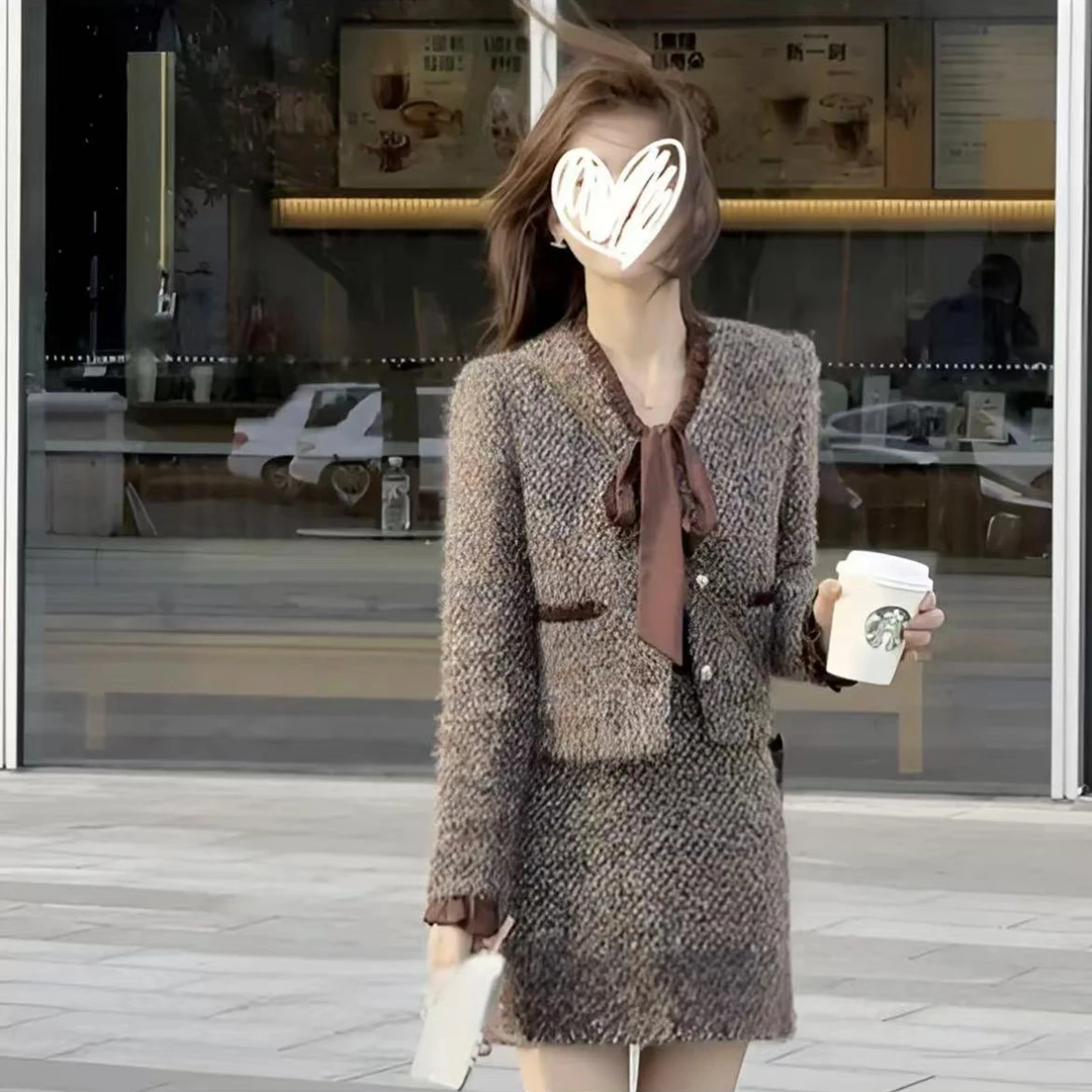 法式时尚轻奢小香风套装女秋冬新款气质洋气外套百搭半身裙两件套