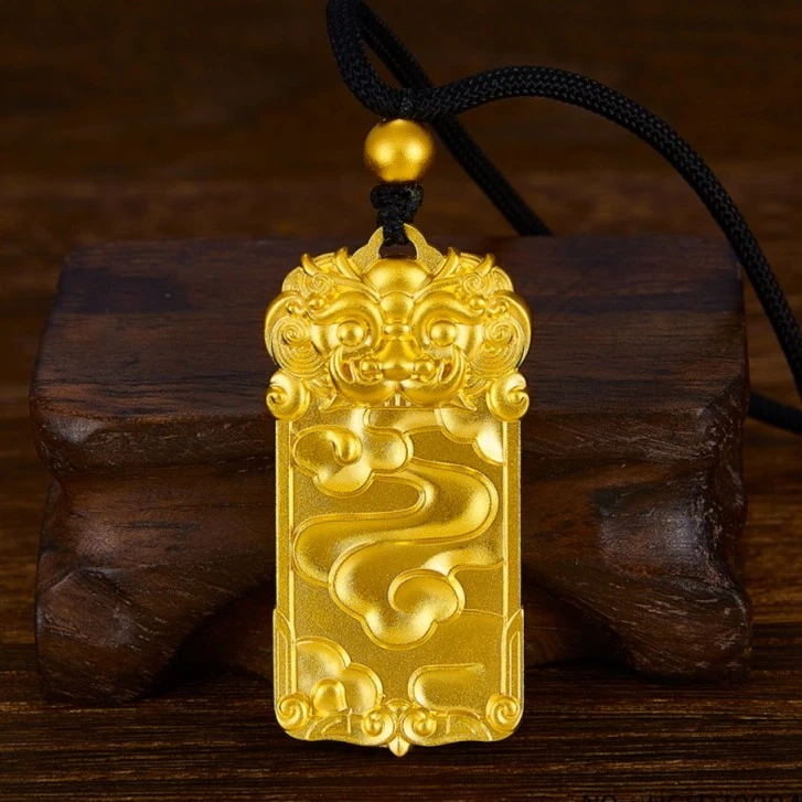 足金999古法祥云瑞兽牌吉祥如意方牌挂绳黄金吊坠男克差多退少补