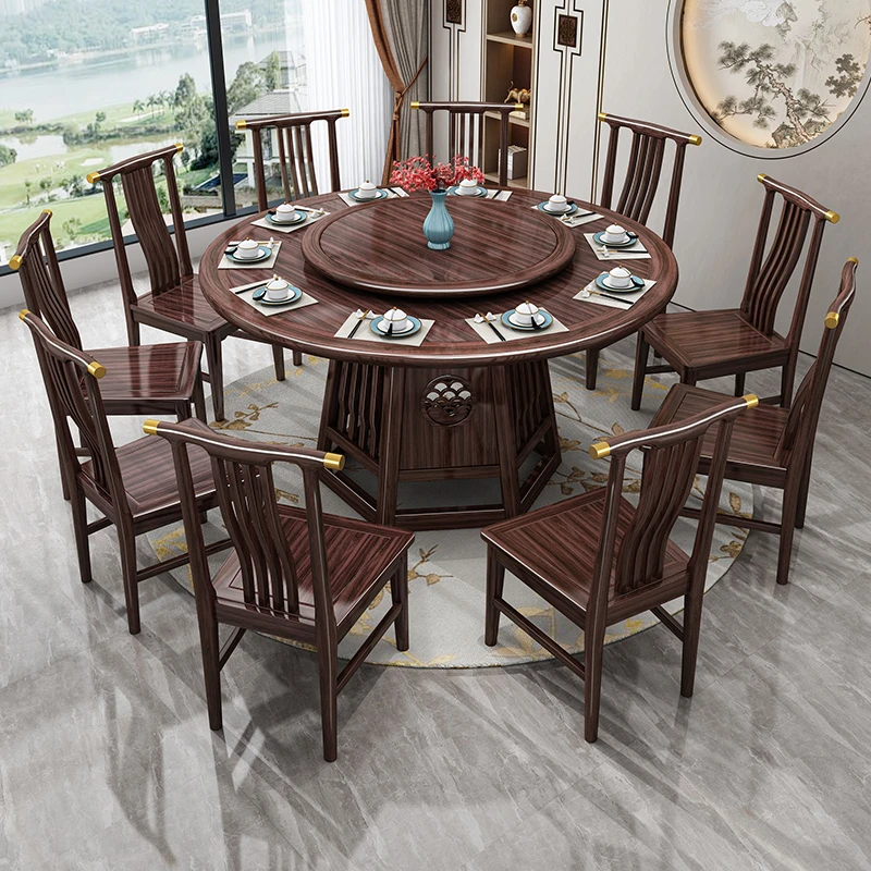 【栖木居】C22#乌金木新中式大别墅户型餐桌全实木圆桌