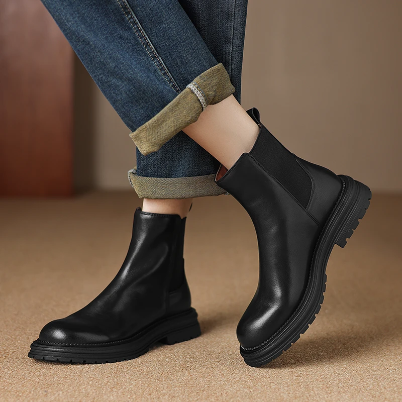 【NICESEE】3.5cm,2024秋冬新款百搭牛皮短靴女真皮厚底切尔西女靴