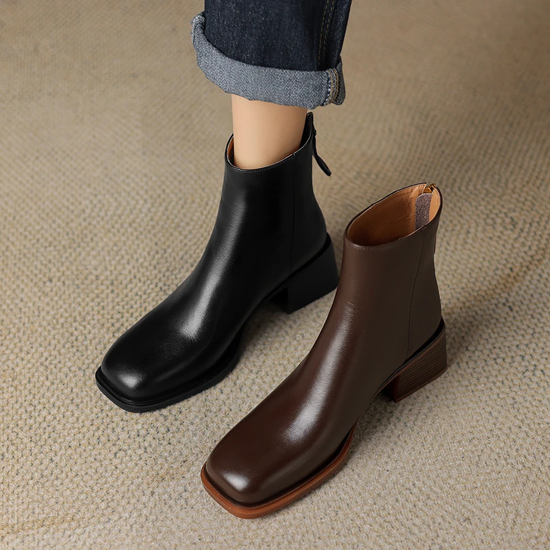 【NICESEE】5cm,秋冬新款牛皮方头粗跟短靴女真皮中跟后拉链马丁靴