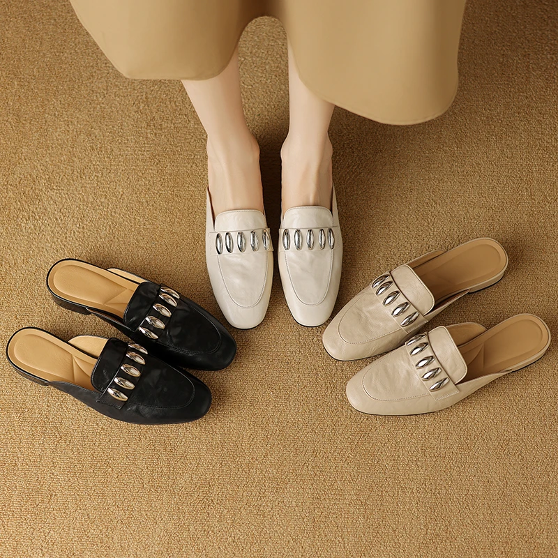 【NICESEE】3cm,夏季新款羊皮包头拖鞋女百搭低跟透气真皮懒人半拖