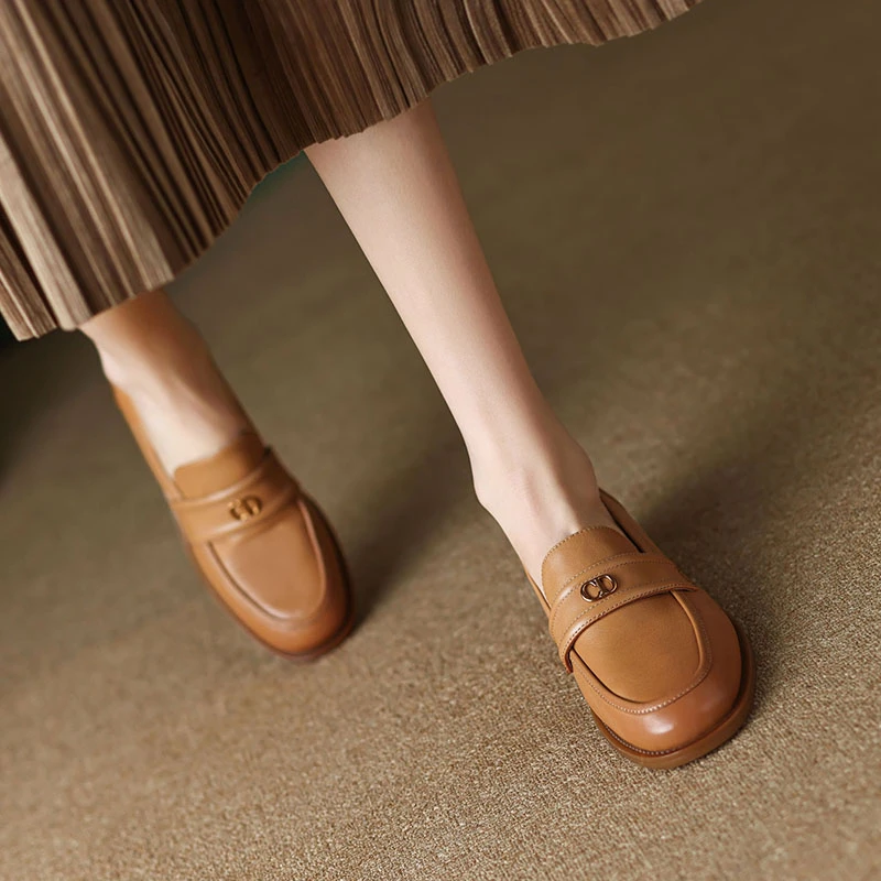 【NICESEE】3cm,2024年新款圆头低跟单鞋女真皮一脚蹬软底乐福鞋