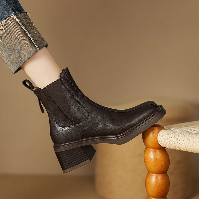 【NICESEE】5cm,2024秋冬新款真皮短靴女粗高跟显瘦百搭软皮马丁靴