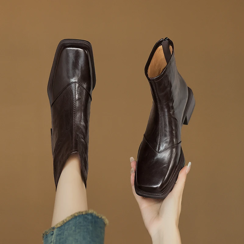 【NICESEE】4cm,2024秋冬新款真皮短靴女粗跟百搭短筒切尔西瘦瘦靴