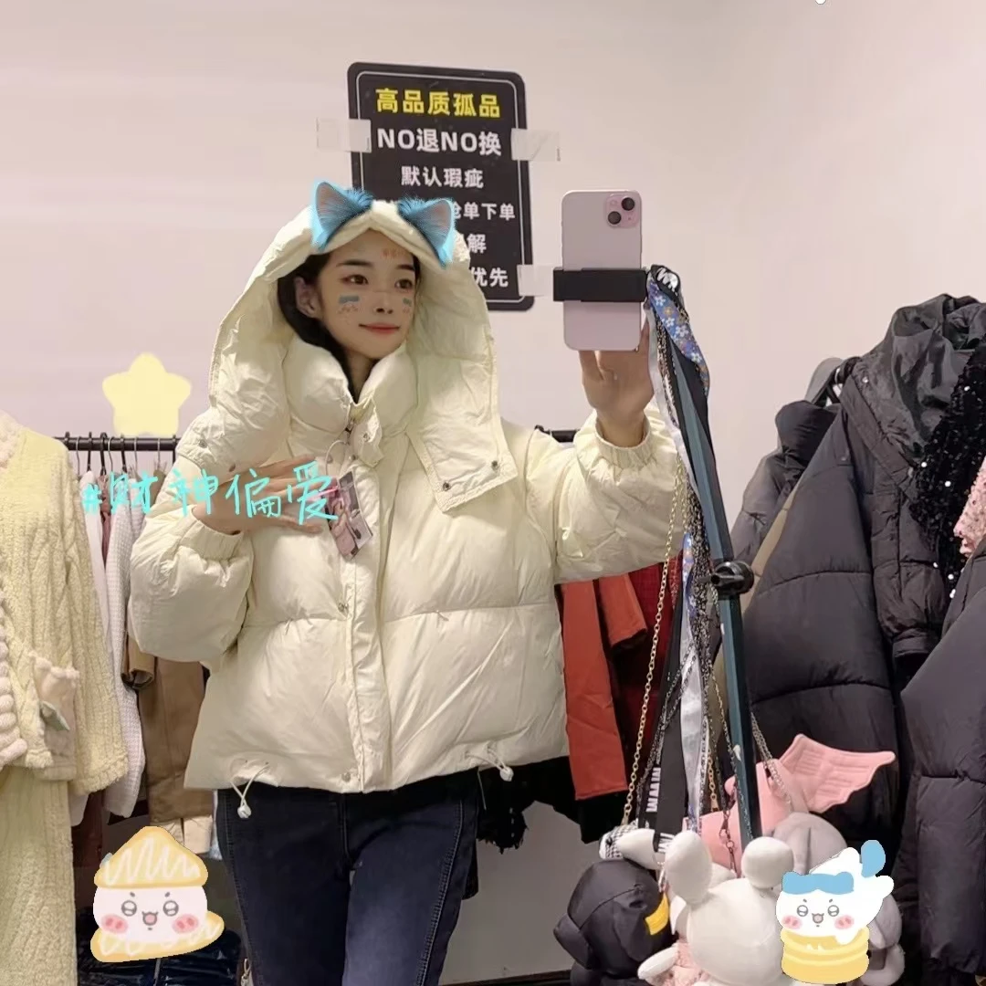 网红亲子休闲百搭宽松棉服白色短款时尚高品质连帽加厚韩版冬季