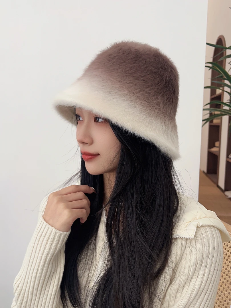 DM-011 冬季渐变色兔毛渔夫帽时尚百搭保暖绒毛盆帽