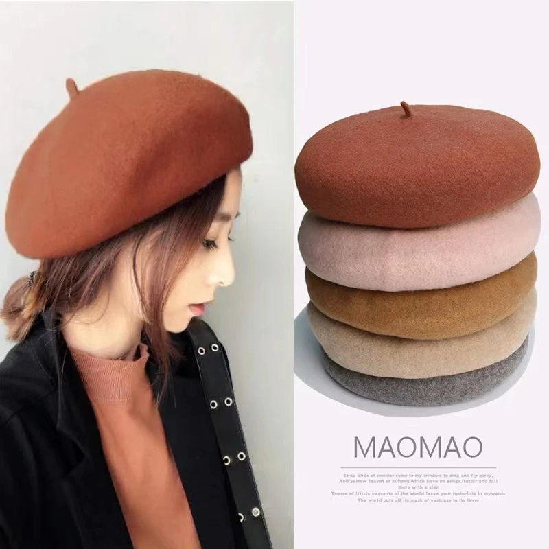 【雪颜】秋冬ins羊毛气质时尚复古画家帽韩纯色贝雷帽百搭文艺网红