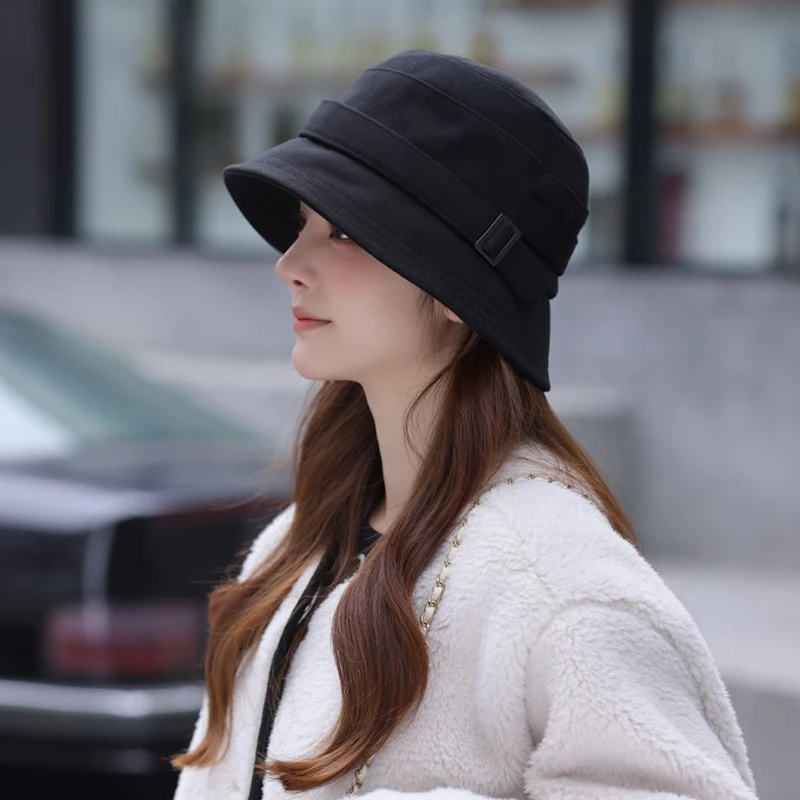 【秋韵佳人】秋冬加厚保暖时尚百搭盆帽纯色韩版户外休闲黑色渔夫帽