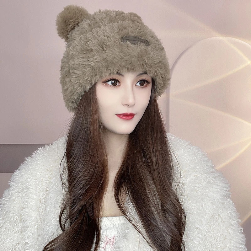 【甜媚】加厚针织加绒可爱耳朵贴标字母保暖大头围显脸小帽子女