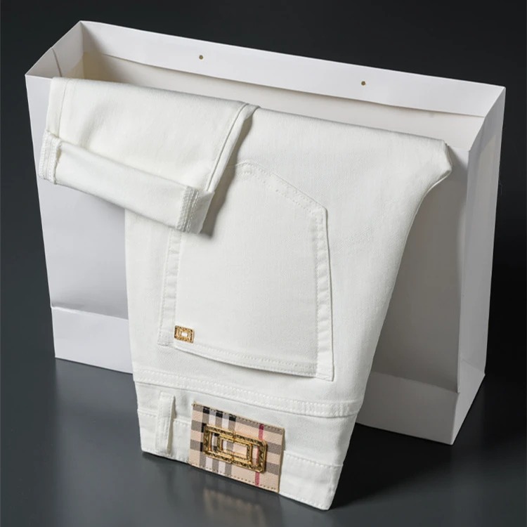 香港高端欧品男士三防牛仔裤男款白色弹力轻奢百搭修身小脚长裤男