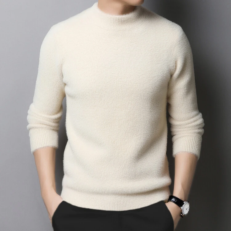 老爷车冬季水貂绒高领毛衣男修身休闲上衣加厚保暖纯色圆领打底衫