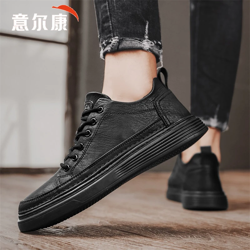 意尔康男鞋2025新款男士百搭休闲皮鞋黑色板鞋英伦风防滑厨师潮鞋