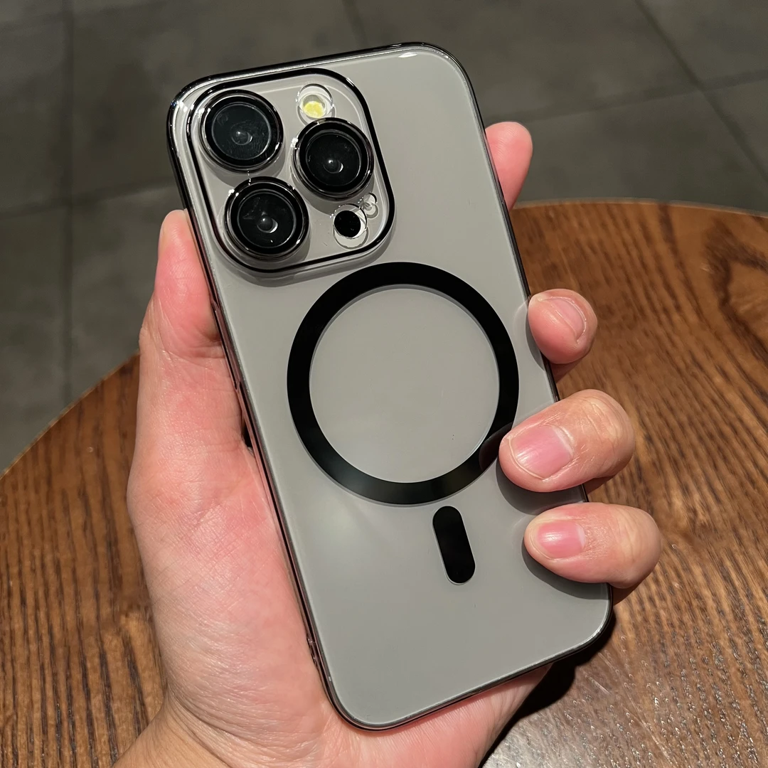 带镜头膜黑灰色透明磁吸苹果14手机壳iPhone15promax超薄13硬壳12