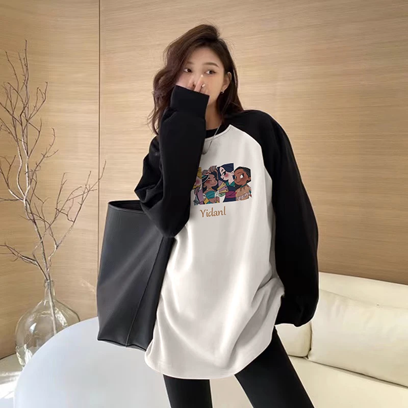 纯棉港风长袖t恤女小众设计感插肩袖秋冬新款打底衫内搭撞色上衣