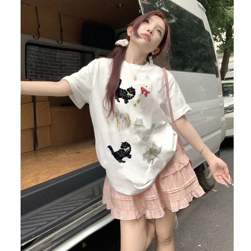 佐朗格奴纯棉T恤衫动物小众印花oversize清凉短袖减龄ins夏季上衣