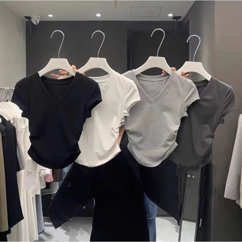 佐朗格奴/小个子显瘦短袖T恤衫女纯色时尚修身收腰褶皱辣妹上衣潮