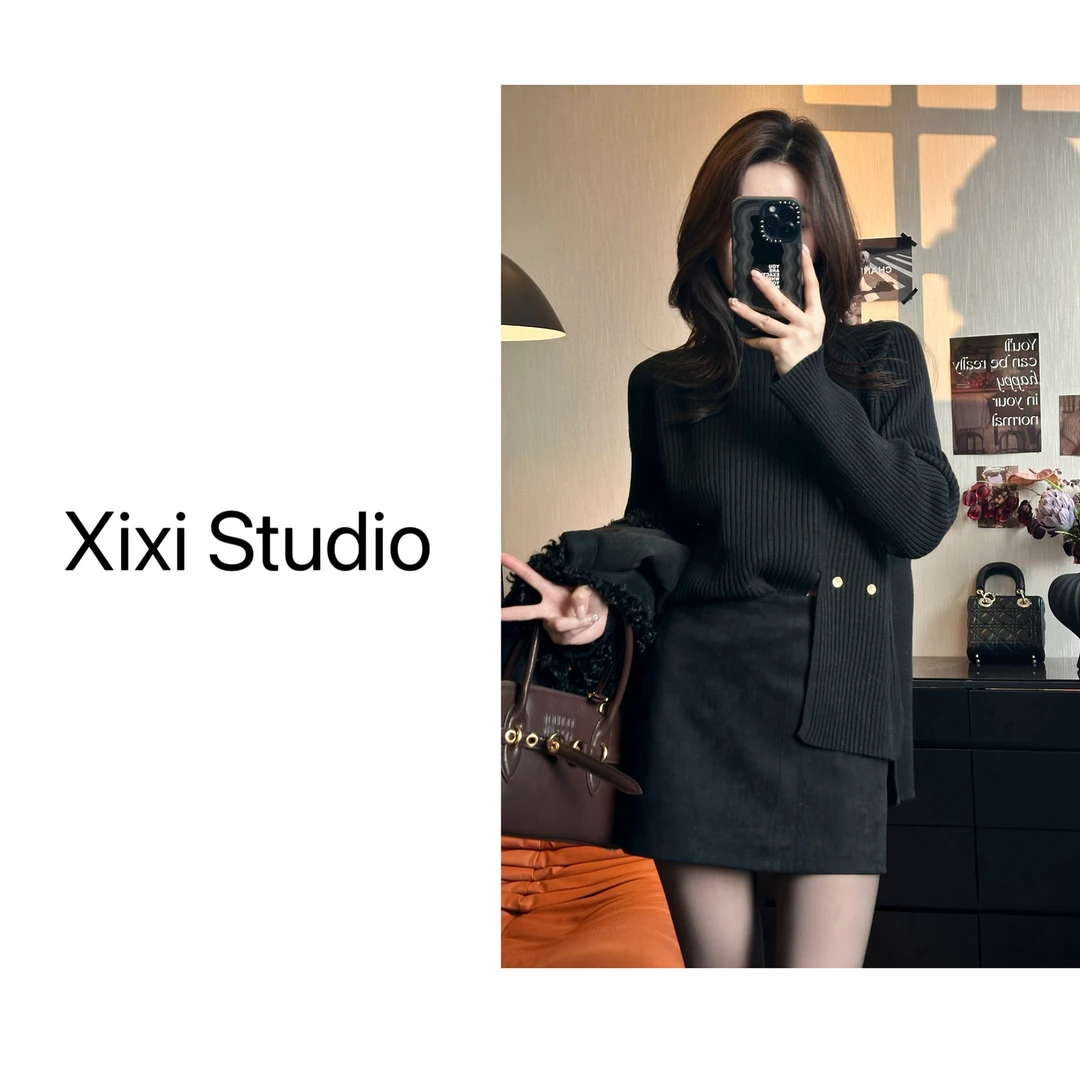 【西西】侧开衩纽扣显瘦宽松坑条毛衣