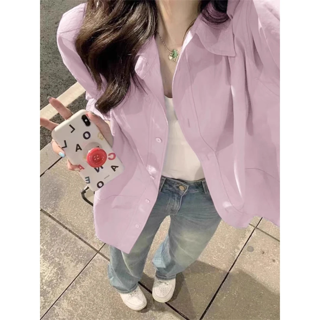 绝绝紫色春日长袖衬衫女2024新款小个子韩系早春穿搭防晒衬衣上衣