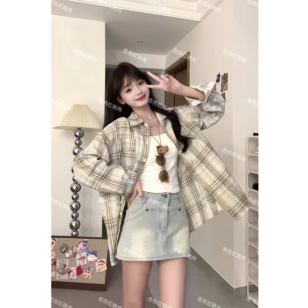 长袖格子衬衫女夏季美式复古宽松防晒外套早秋洋气小个子穿搭上衣
