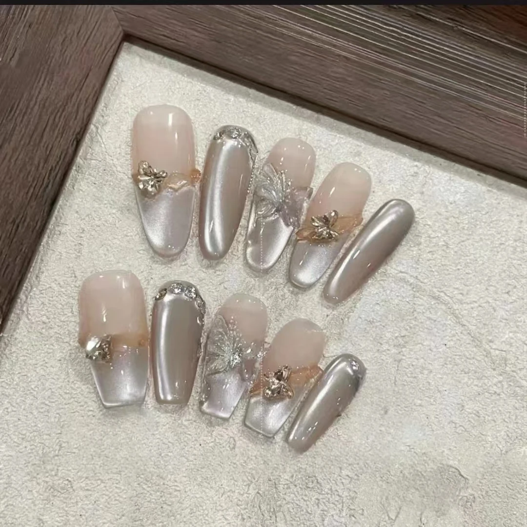 【枯叶蝶】秋冬蝴蝶猫眼穿手工穿戴甲高级气质显白手工穿戴甲