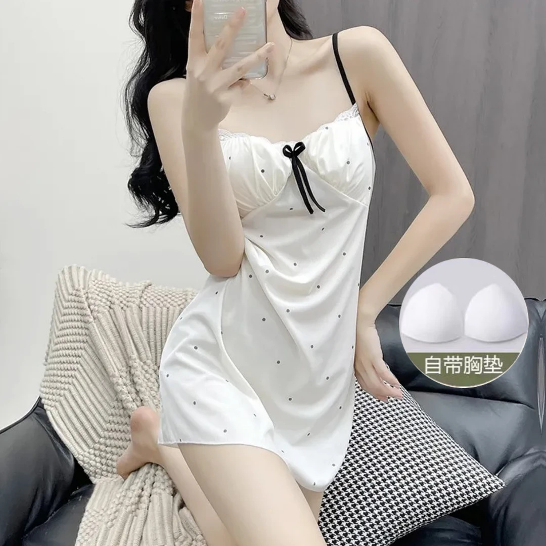 新款带胸垫睡裙高定轻奢睡衣薄款印花波点吊带甜美仙女小清新显瘦