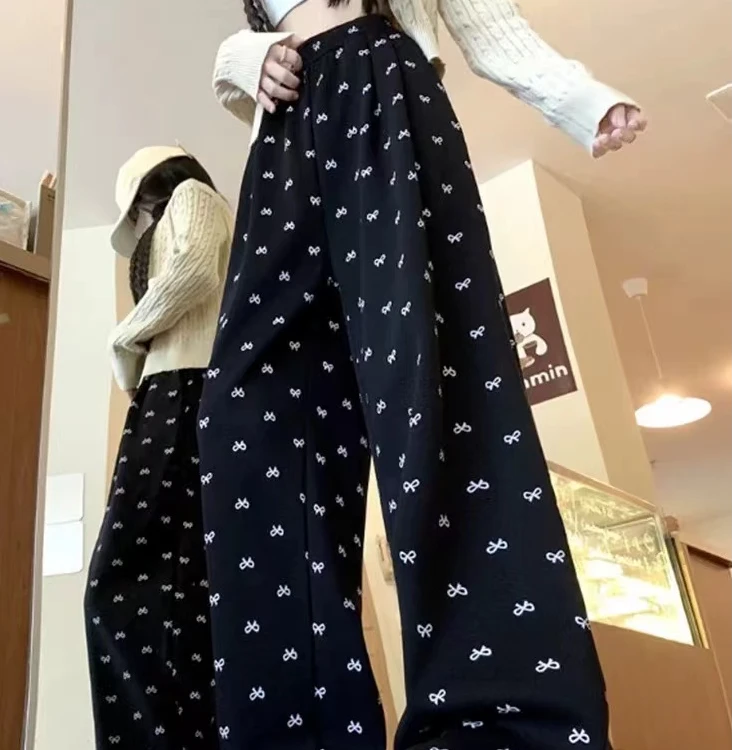 蝴蝶结山本裤女春秋季2024新款米杏色针织糯米裤垂坠感高腰直筒裤