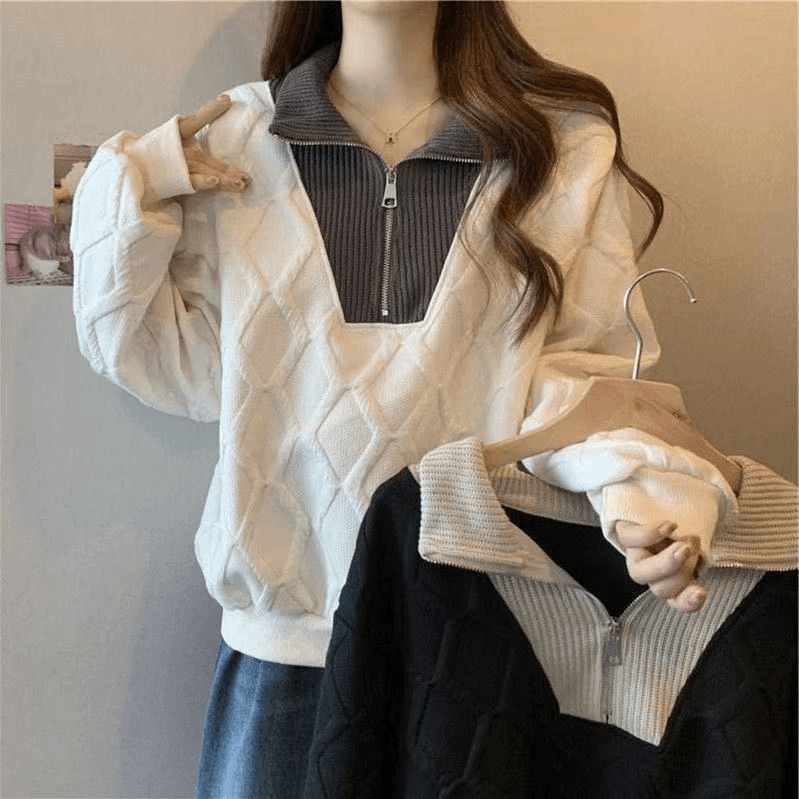 高级感拉链立体菱格卫衣女秋冬小个子慵懒风设计感小众上衣ins潮