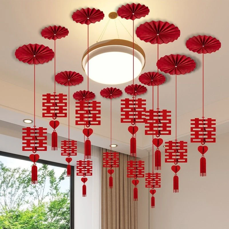 婚房布置套装客厅结婚装饰男女方天花板吊房顶纸扇花拉花喜字挂饰