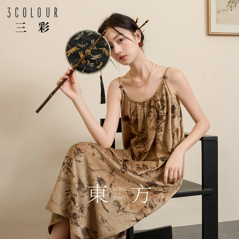 三彩【花影闲庭】2024冬季新款新中式吊带裙印花连衣裙长裙C