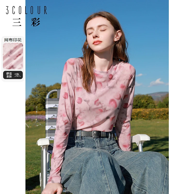 三彩独醒风感波粒2024春季新款网纱印花T恤圆领正肩长袖上衣内搭F