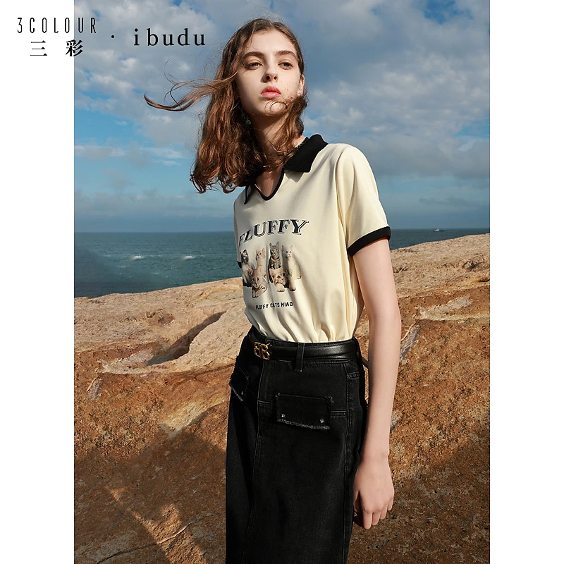 三彩ibudu2024夏季新款短袖翻领毛孩子印花字母T恤套头衫休闲女