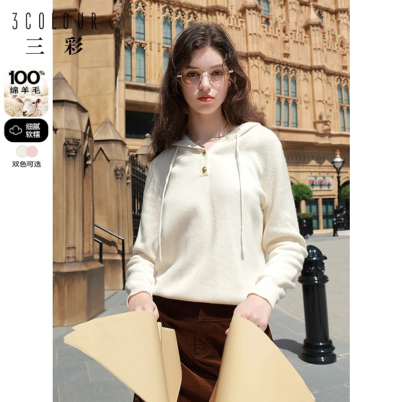 三彩2023冬季新款纯色全羊毛针织衫连帽毛衣套头宽松休闲女