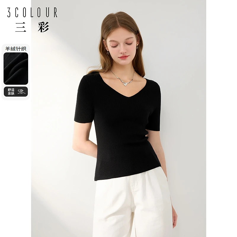 三彩2024夏季新款修身V领短袖针织衫轻薄弹力套头衫显瘦女M